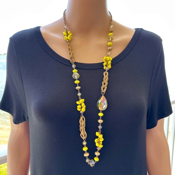 Long Necklace Gold Tone Yellow Beaded Chain Mixed Style Adjustable Length - Picture 1 of 2